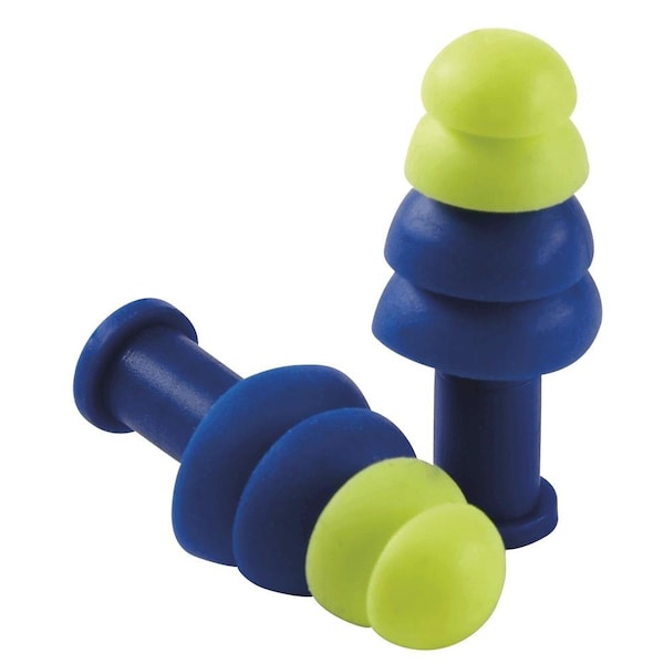Reusable Non-Allergenic polymer Ear Plugs, Tapered Shape, 27 dB, Blue/High Visibility Green